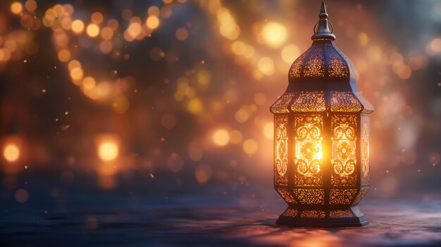 a lantern with a blurred background of lights