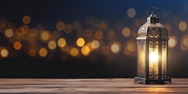 A lantern with a blurry background and the word ramadan on it