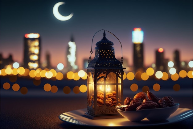 A lantern with a bowl of food in the background