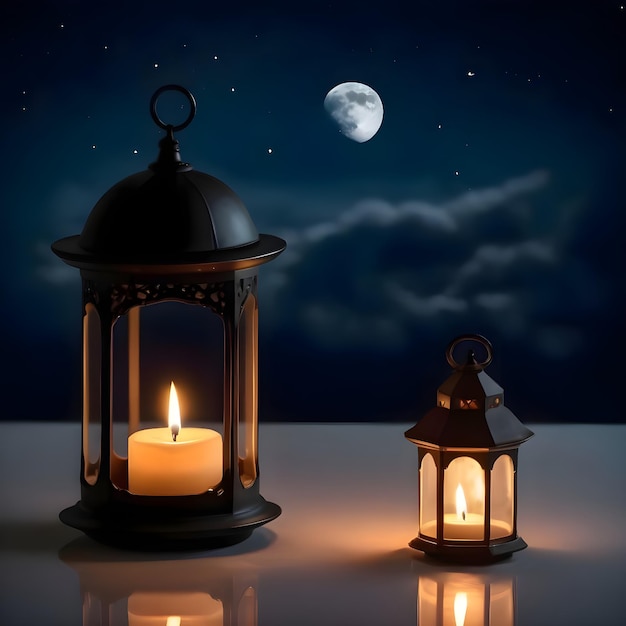 Photo lantern with burning candle and night sky with moon background generated by ai