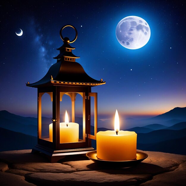 Photo lantern with burning candle and night sky with waning crecent moon background