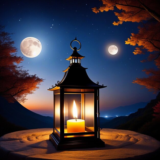 Lantern with burning candle and night sky with waning crecent moon background