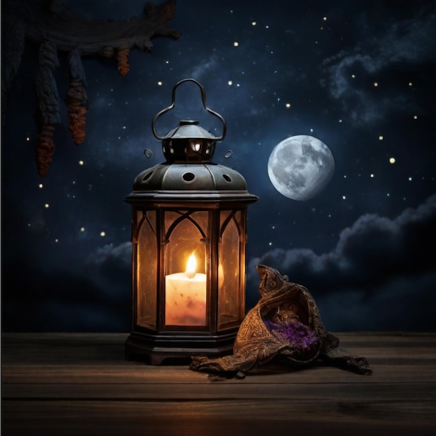 Lantern with burning candle and night