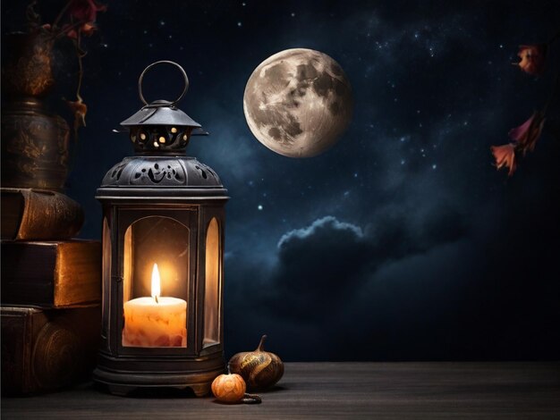 Lantern with burning candle and night