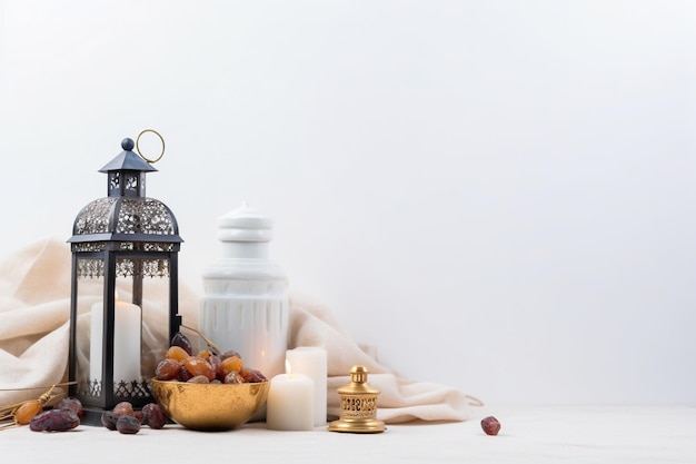 Lantern with burning candle white eggs and frame on white background