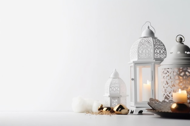 Lantern with burning candles nuts and napkin on white background