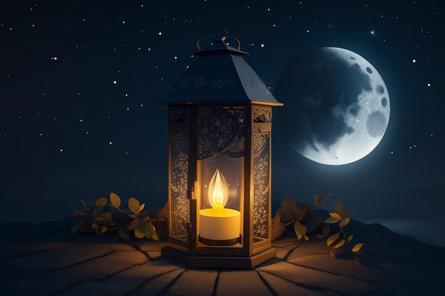 Photo lantern with burning little candle and night sky with waning crecent moon background