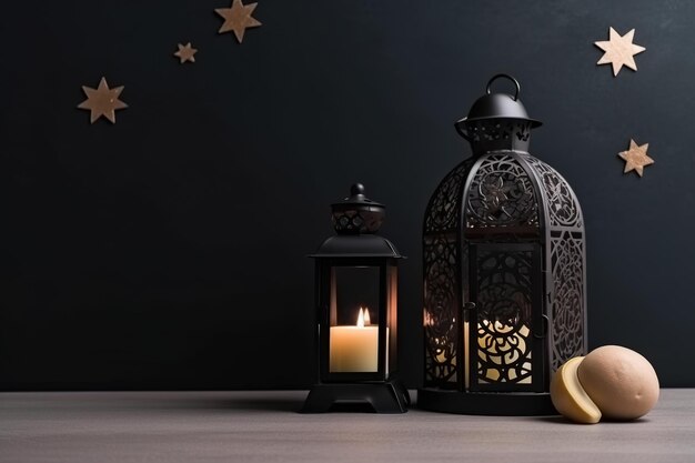 A lantern with a candle and a gold star on the wall behind it.