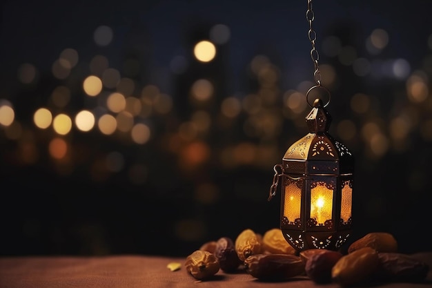 A lantern with a candle on it in front of a blurred background