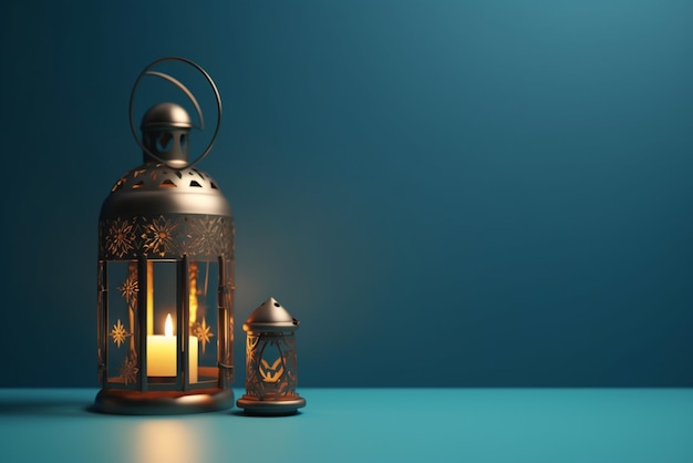 A lantern with a candle on it is lit up with a blue background.