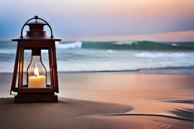 A lantern with a candle on it sits on a beach.