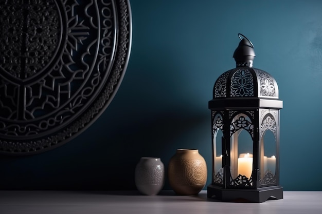 A lantern with a candle in it sits on a table next to a round plate.