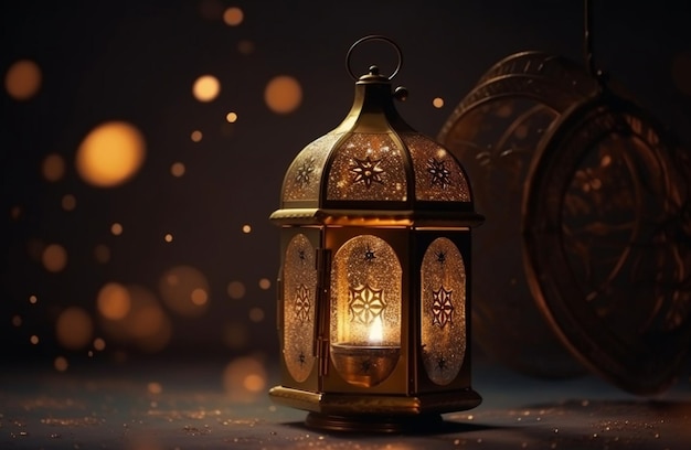 A lantern with a candle on it sits on a wooden table