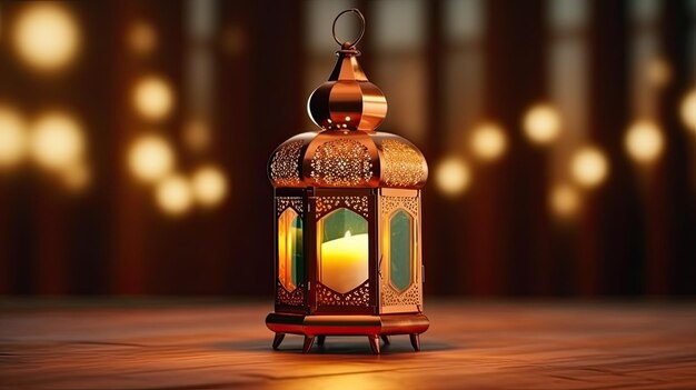 A lantern with a candle on it sits on a wooden table.