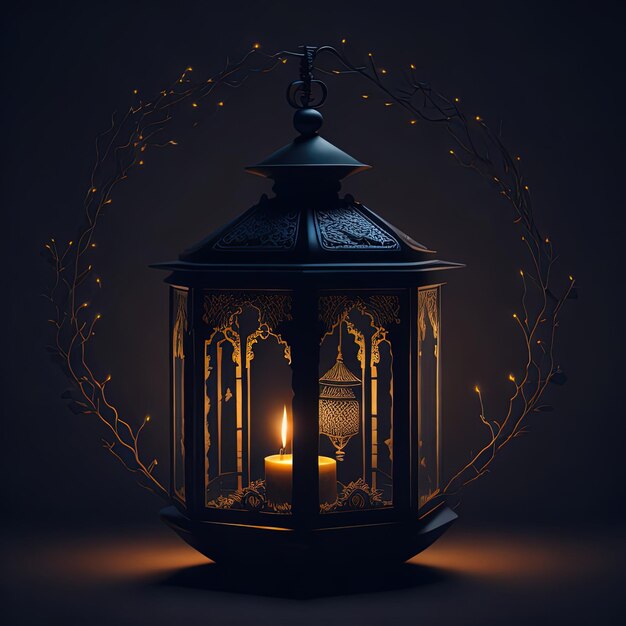 A lantern with a candle in it that has a wreath of lights around it.