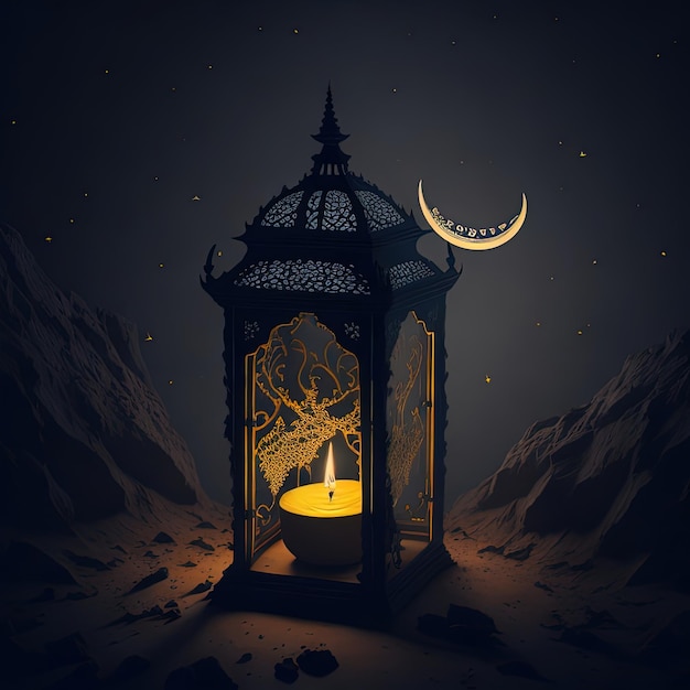 A lantern with a candle in it that says " the moon ".