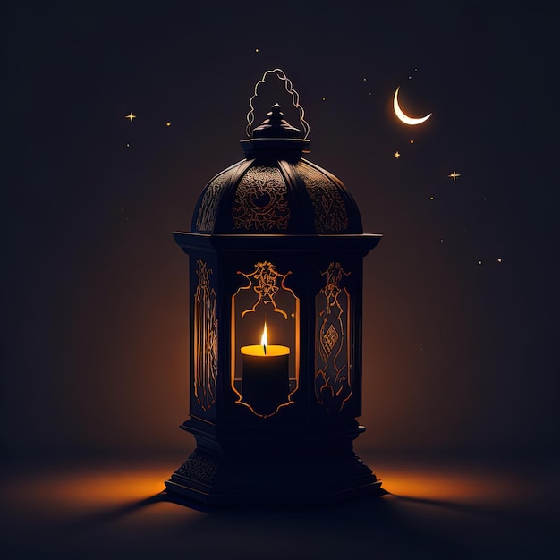 A lantern with a candle in the middle of it and the moon in the background.