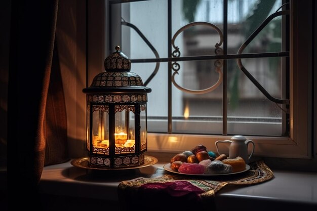 A lantern with a candle and a plate of sweets on the window sill.