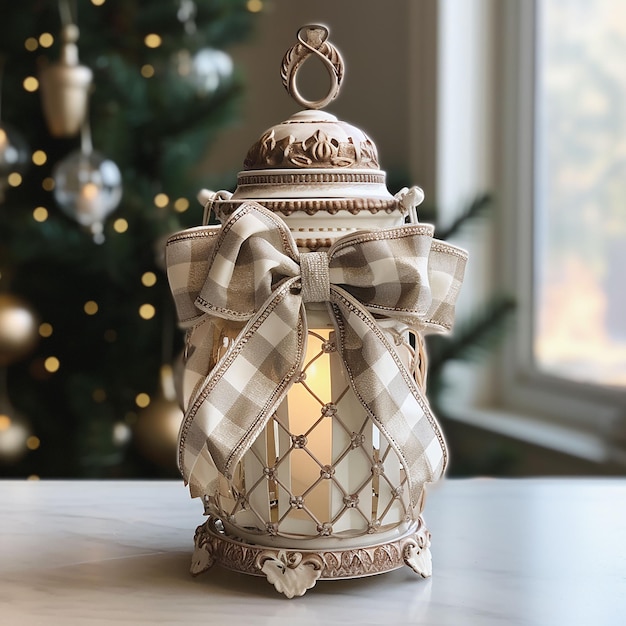 Lantern with a checkered bow on a table in a room decorated for Christmas