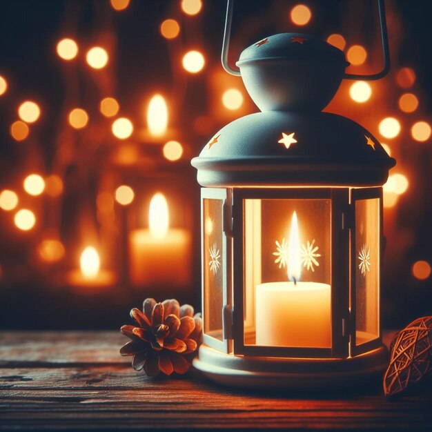 a lantern with a christmas tree in the background