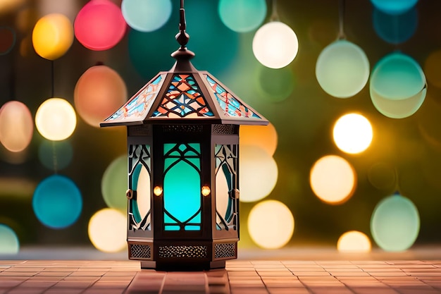 A lantern with a colorful background and lights in the background.