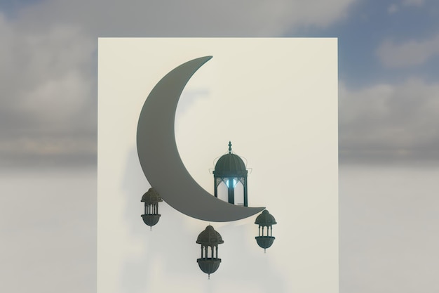 lantern with crescent moon Islamic symbol above the clouds 3D Islamic illustration