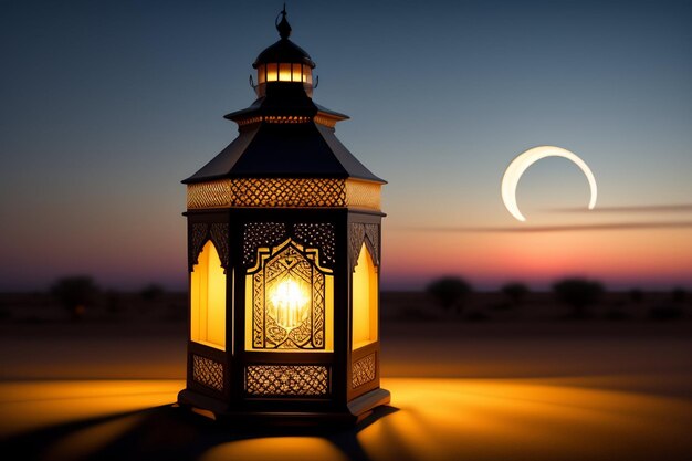 A lantern with a crescent moon and the sun in the background.