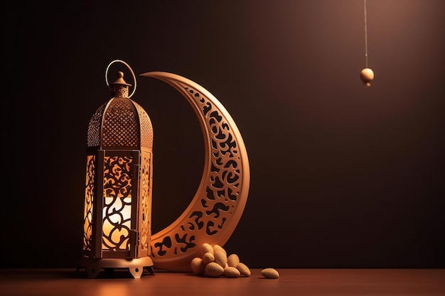 A lantern with a crescent moon and the words ramadan on it.