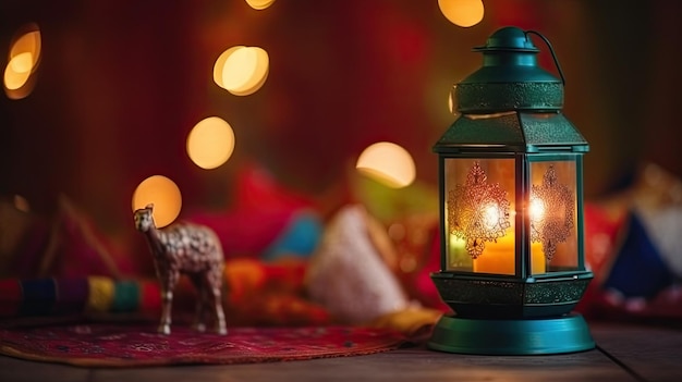 A lantern with a donkey on it sits in front of a christmas tree.