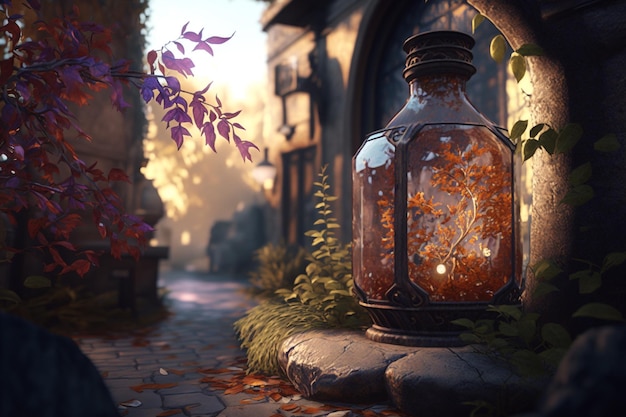 A lantern with a flower in the middle of it