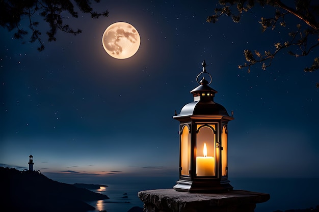 a lantern with a full moon in the background and a moon in the sky