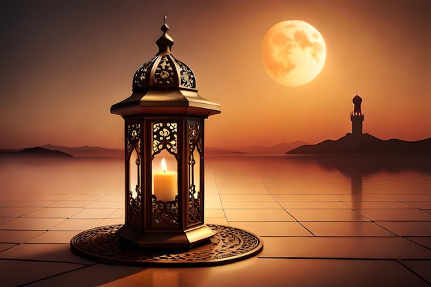 A lantern with a full moon in the background