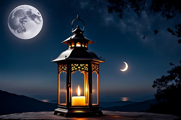 a lantern with a full moon in the background