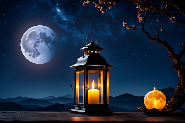 a lantern with a full moon in the background