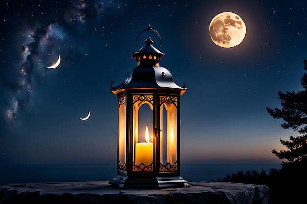 a lantern with a full moon in the background