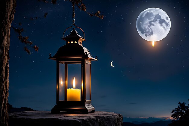 a lantern with a full moon in the background