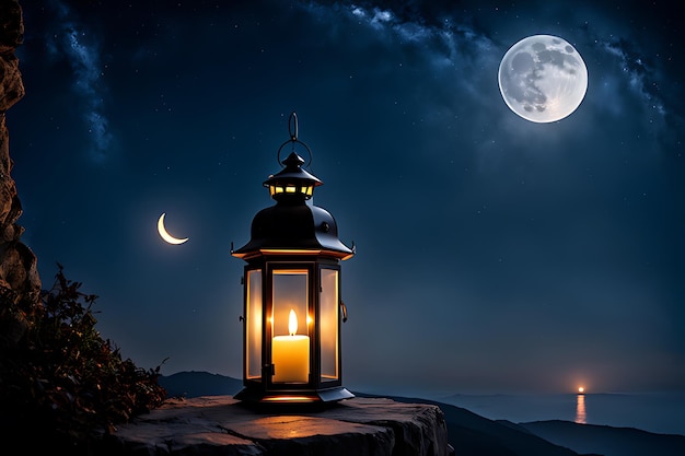 A lantern with a full moon in the background