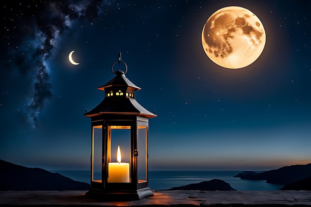 a lantern with a full moon in the sky and a candle in it