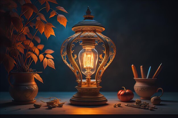 Lantern with glowing light on dark background ai generative