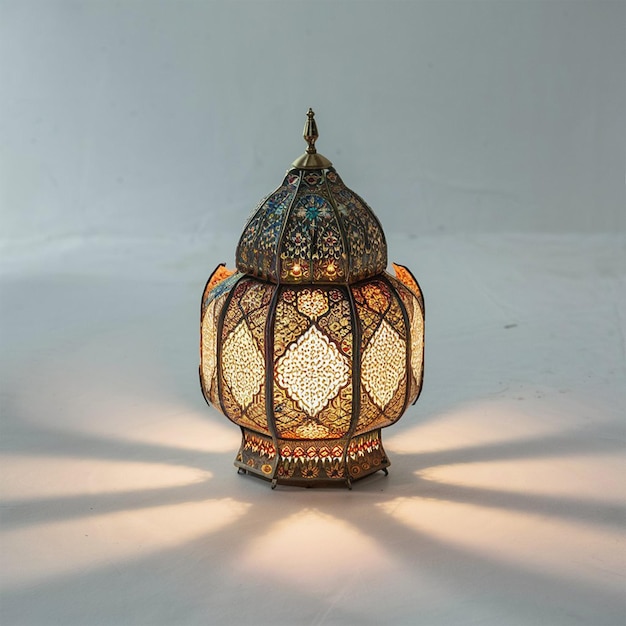 a lantern with a gold design on it is on a table