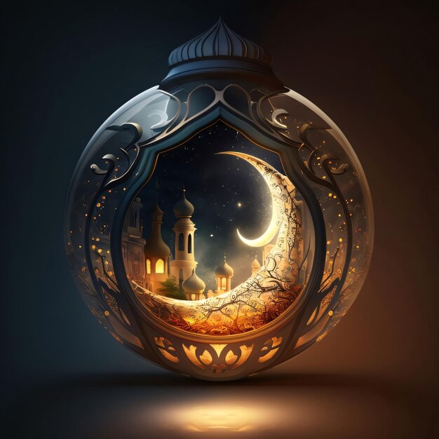 Lantern with an image of a mosque illuminated dark background Mosque as a place of prayer for Muslims