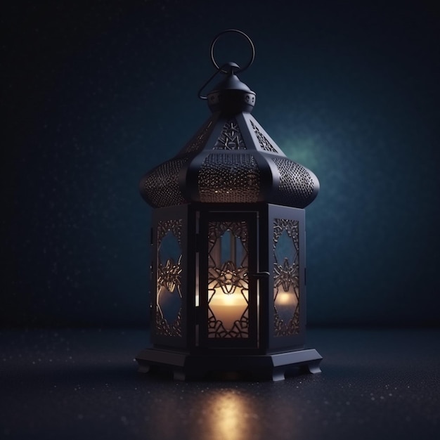 A lantern with the light on in the background is lit up.