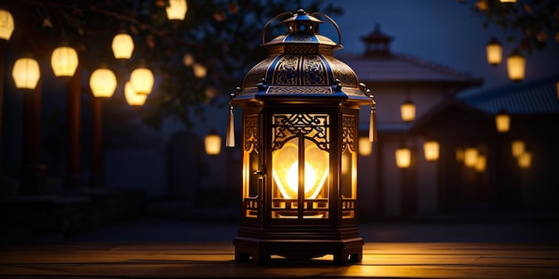 A lantern with the light on in the background