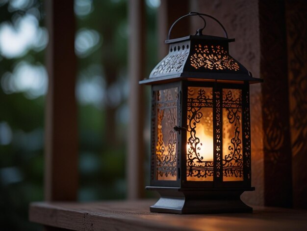 a lantern with a light on it sits on a wooden shelf