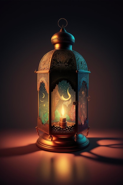 A lantern with the light on and the moon on it