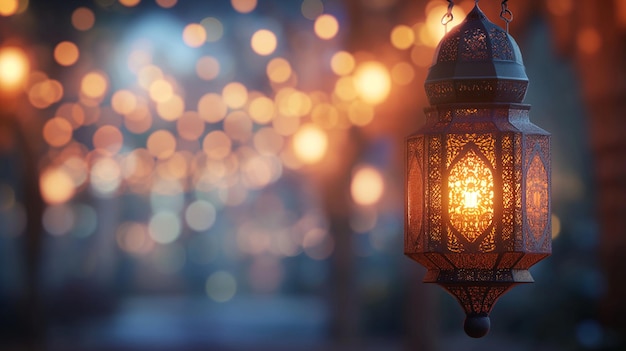 a lantern with lights in the background and a string of lights in the background