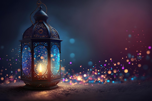 A lantern with lights in the background