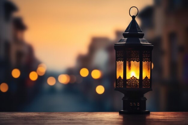 A lantern with the lights on in the background