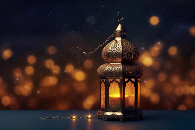 A lantern with the lights on it and the word ramadan on the bottom