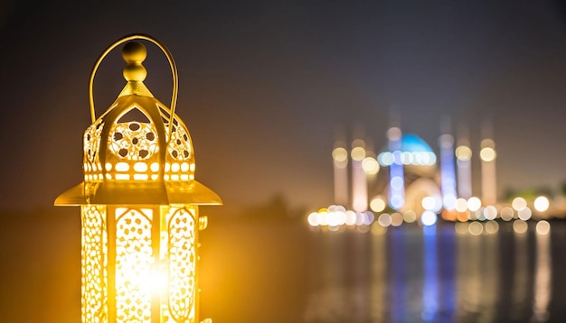 A lantern with the lights of the mosque in the background